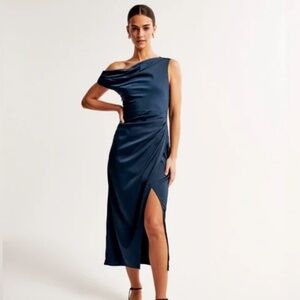 Women's Stretch Satin Draped Midi Dress